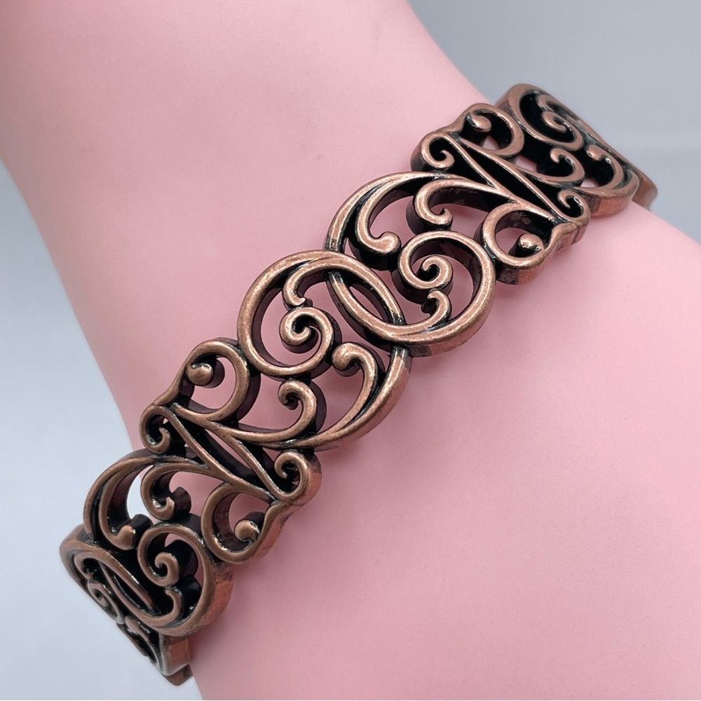 Copper Tone Filigree Open Cuff Bracelet Scroll Design Vintage Style